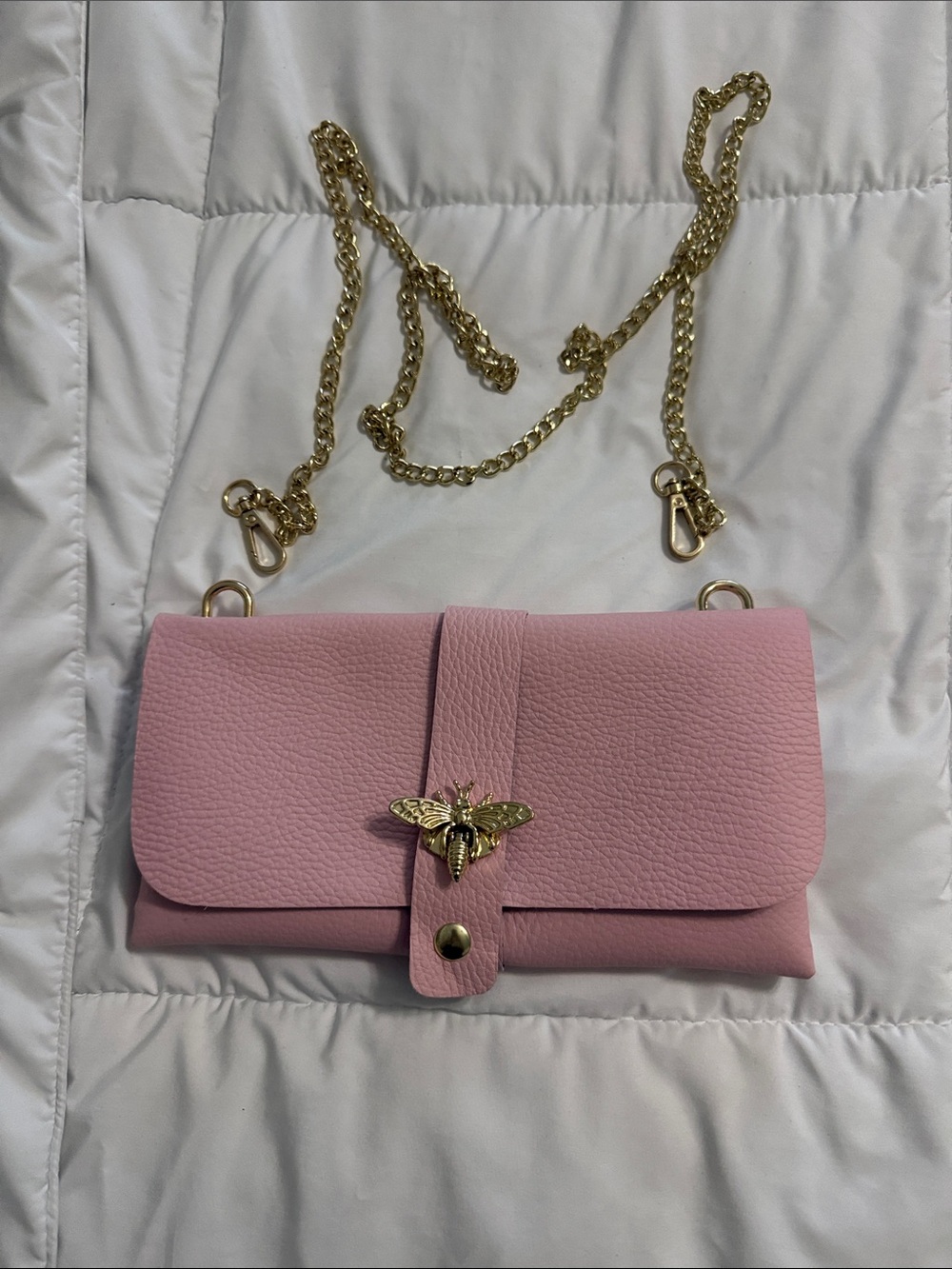 Pink Real Genuine Italian Leather Crossbody Bag with Gold Bee Accent